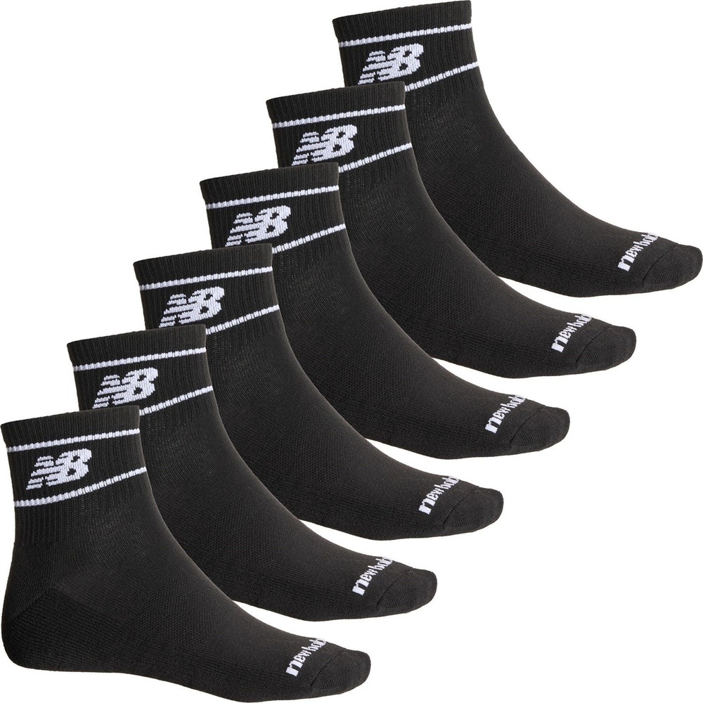 New Balance Mens 6 Pack Quarter Crew Athletic Performance Socks Black White Logo